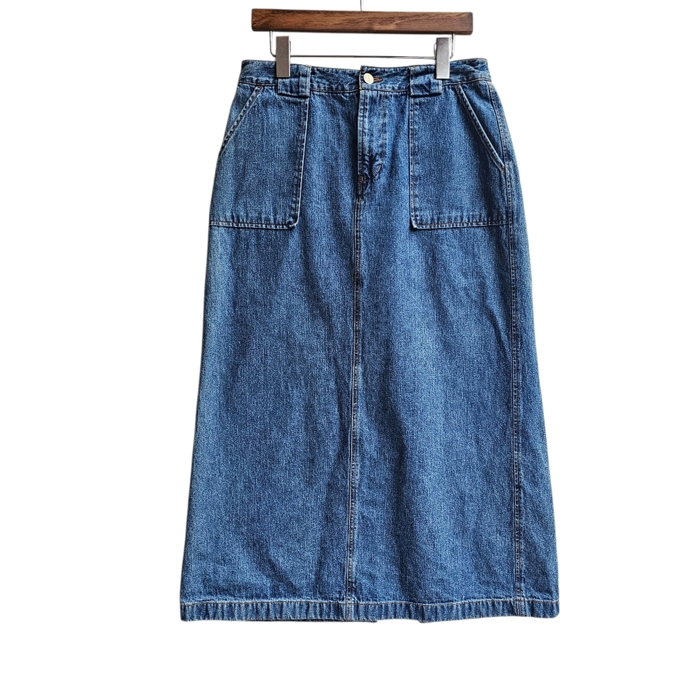 Vintage BASS Blue Denim Midi Skirt with Front Cargo Pockets Back Slit Size 6